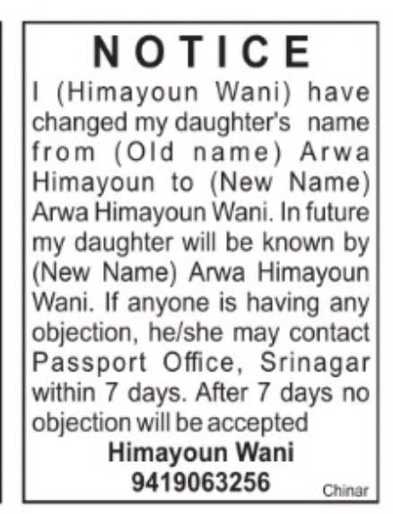 NOTICE – Change of Name Himayoun Wani