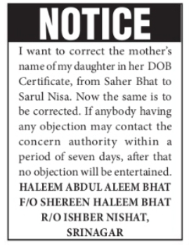 NOTICE: CORRECTION OF MOTHER’S NAME IN DOB CERTIFICATE