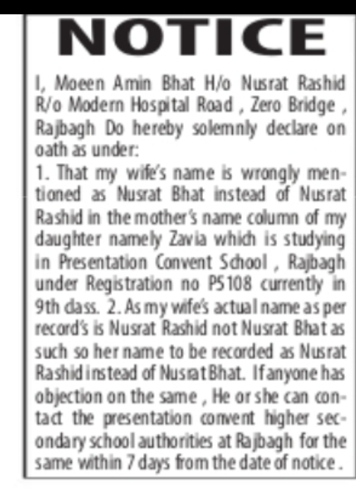 NOTICE – Correction of Mother's Name in School Records Moeen Amin Bhat