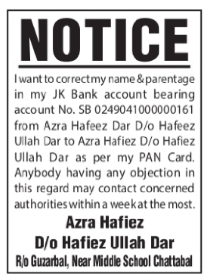 NOTICE – Correction of Name and Parentage Azra Hafiez Dar