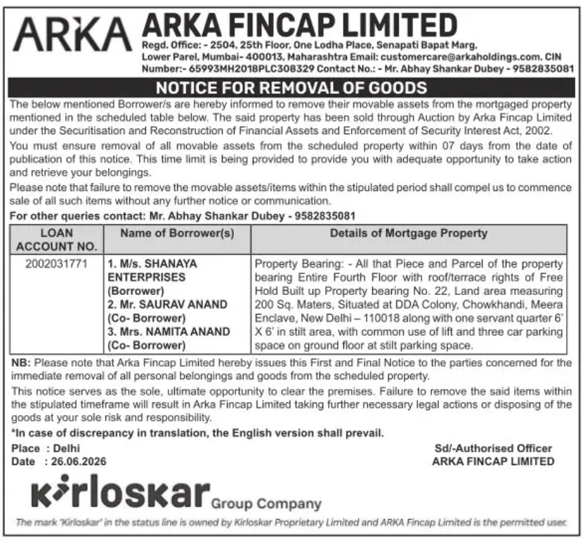 NOTICE FOR REMOVAL OF GOODS (POST E-AUCTION UNDER SARFAESI ACT, 2002)
