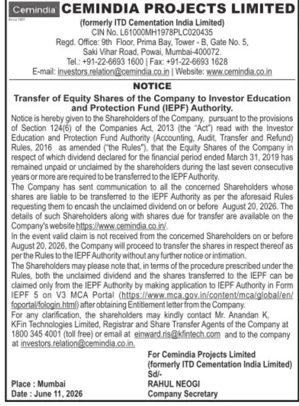 Notice for Transfer of Equity Shares to IEPF Authority – Cemindia Projects Limited