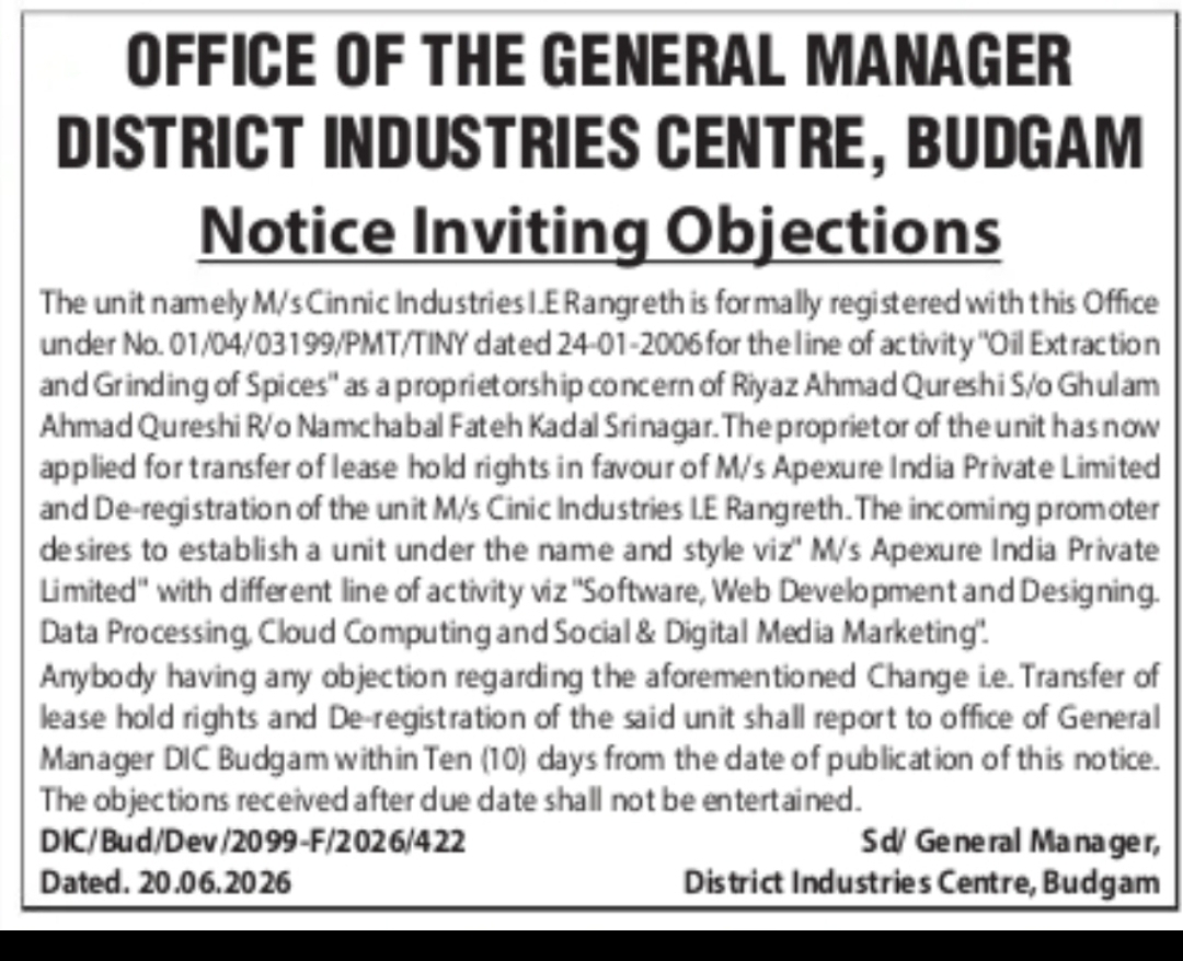 NOTICE INVITING OBJECTIONS – INDUSTRIAL UNIT TRANSFER