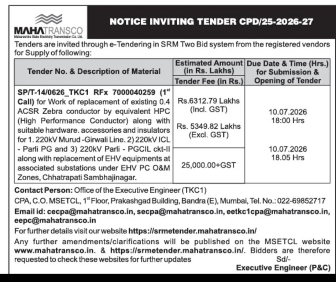 NOTICE INVITING TENDER CPD/25-2026-27 MAHARASHTRA STATE ELECTRICITY TRANSMISSION CO. LTD. (MAHATRANSCO)