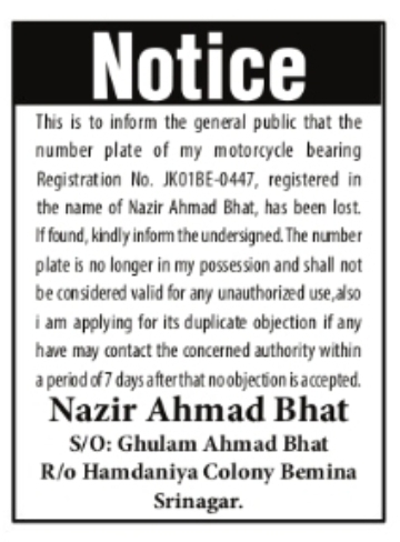 Notice: Lost Motorcycle Number Plate JI01BE-0447