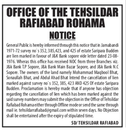 NOTICE  OFFICE OF THE TEHSILDAR, RAFIABAD ROHAMA