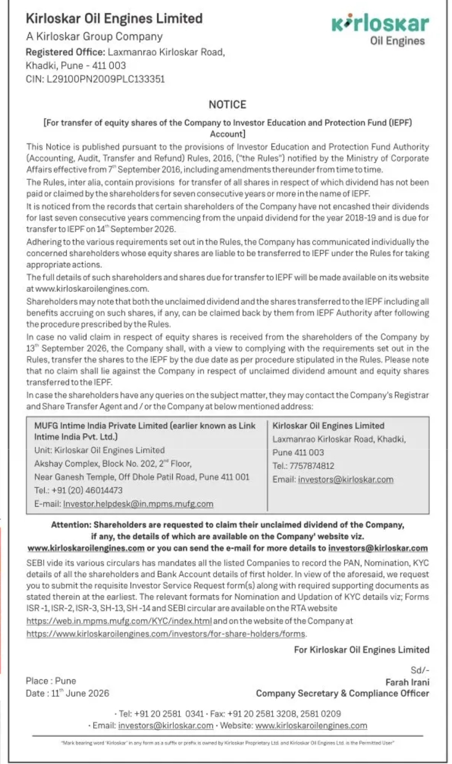 Notice to Shareholders – Transfer of Equity Shares to Investor Education and Protection Fund (IEPF)