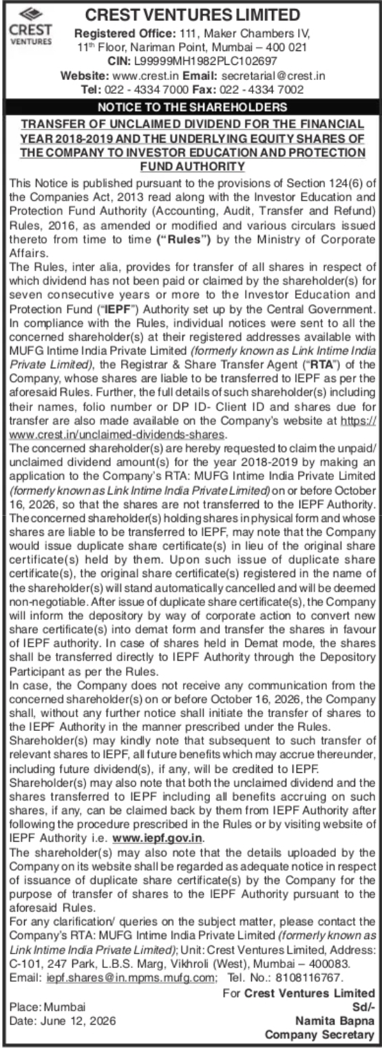Notice to Shareholders – Transfer of Unclaimed Dividend and Equity Shares to IEPF (2018–2019)