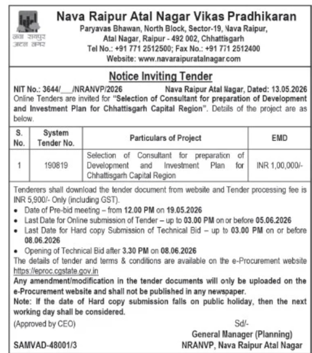 NRANVP Invites Bids for Consultant Selection for Chhattisgarh Capital Region Development & Investment Plan