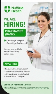 Nuffield Health Hiring Pharmacist (Bank) – Cambridge, England