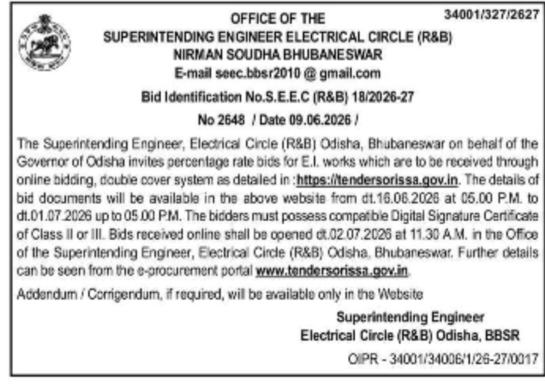 Odisha Electrical Circle (R&B), Bhubaneswar – E-Tender Notice