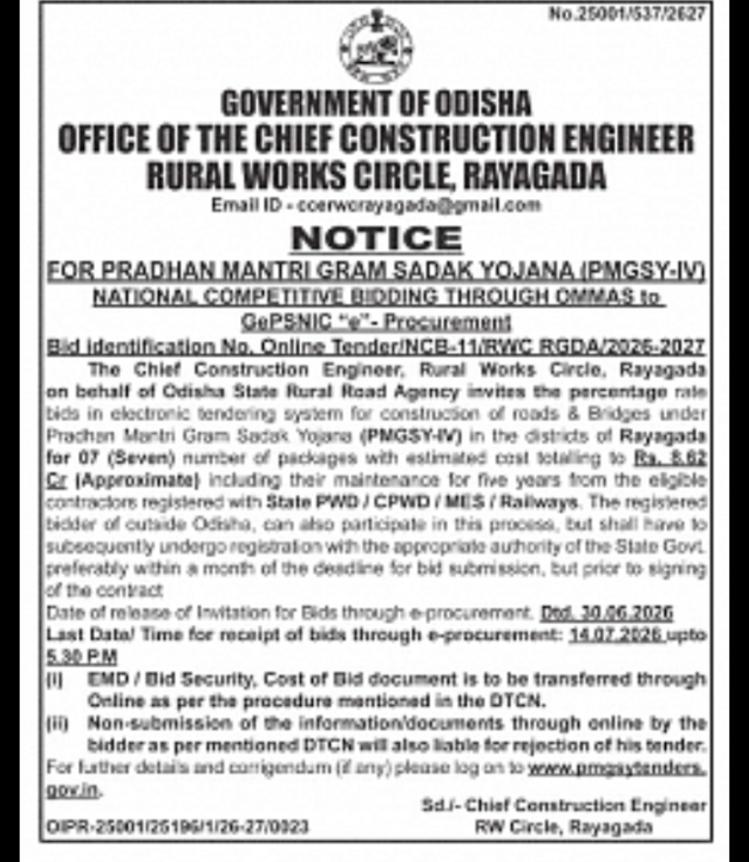 Odisha Rural Works Circle Rayagada – PMGSY-IV Road & Bridge Tender
