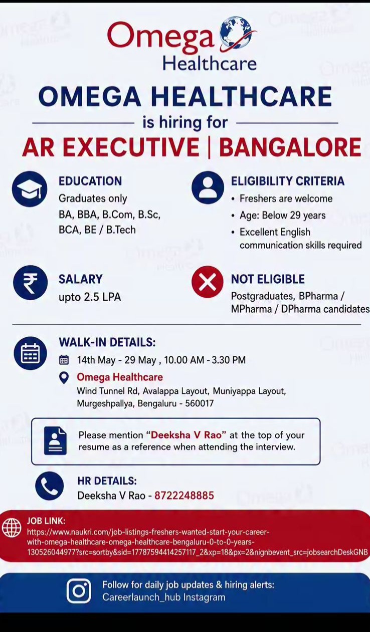 Omega Healthcare is conducting walk-in hiring for the position of AR Executive in Bengaluru.