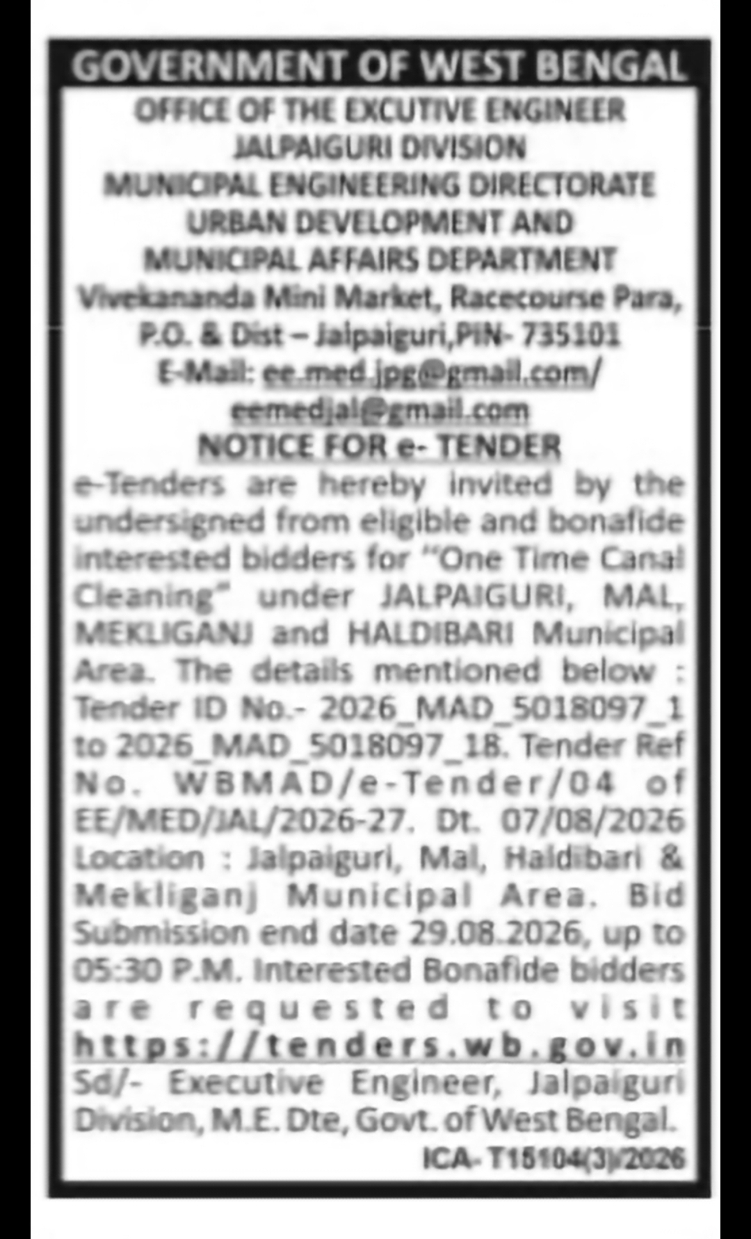 One-Time Canal Cleaning Work in Jalpaiguri Municipal Areas Tender