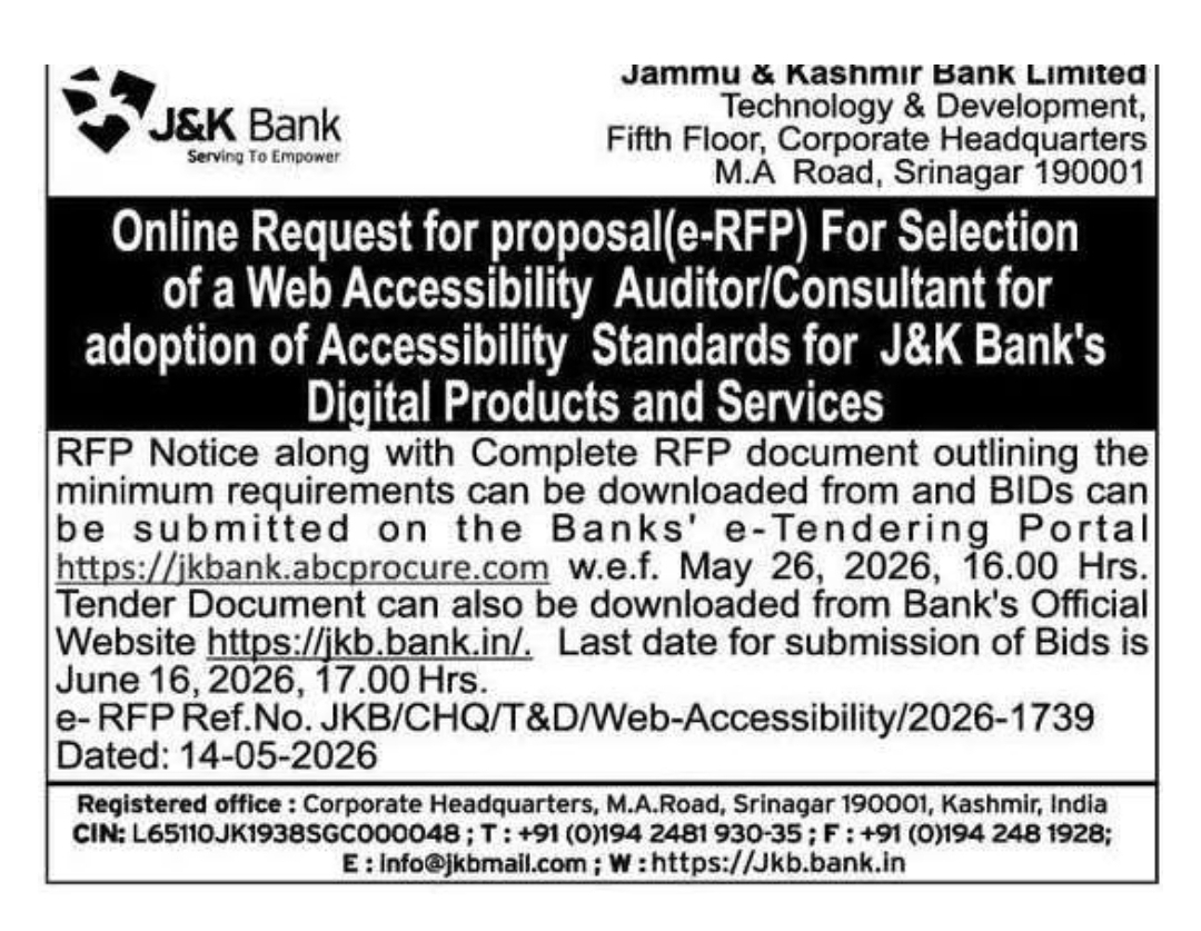 Online Request for Proposal (e-RFP) – Web Accessibility Auditor/Consultant | J&K Bank