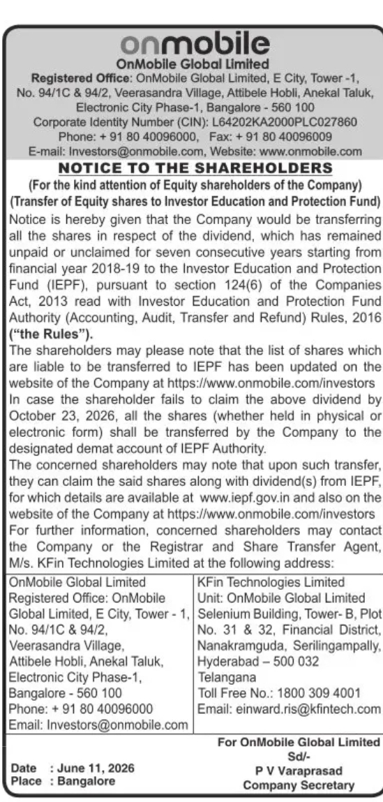 OnMobile Global Limited IEPF Notice