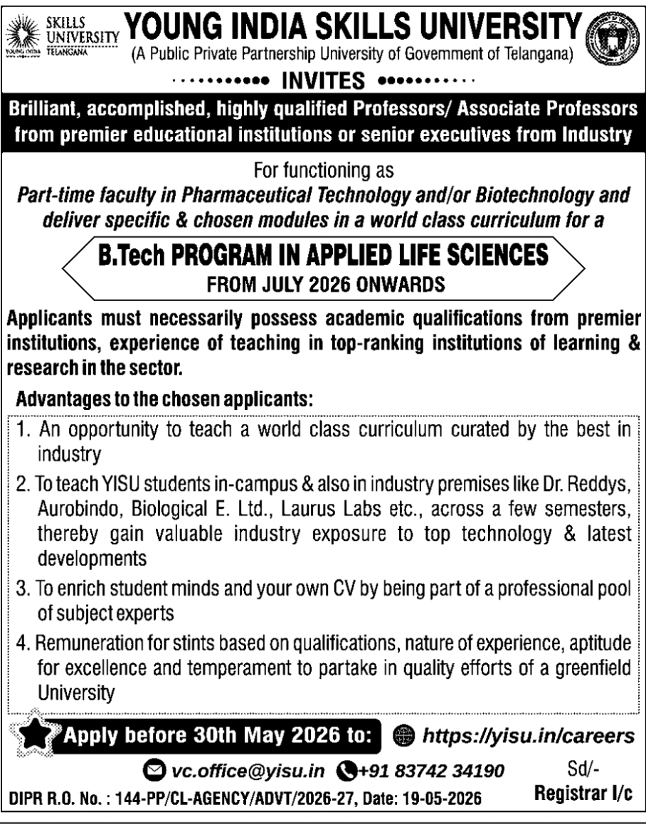 Part-Time Faculty (Pharmaceutical Technology / Biotechnology) – Applied Life Sciences, Young India Skills University