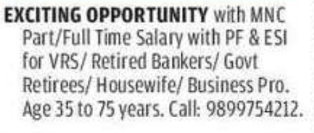 Part-Time / Full-Time Opportunity – MNC (Retired Professionals & Others)
