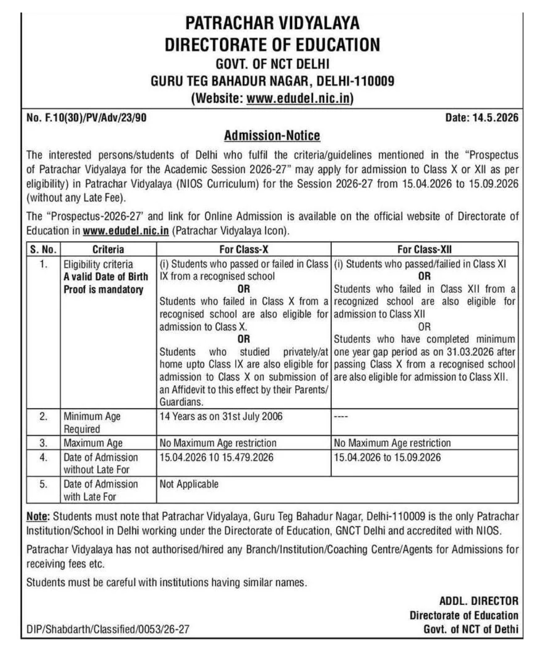 Patrachar Vidyalaya Admissions 2026–27 Open for Class X & XII