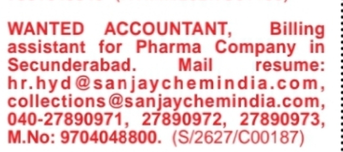 Pharma Company Hiring – Accountant & Billing Assistant