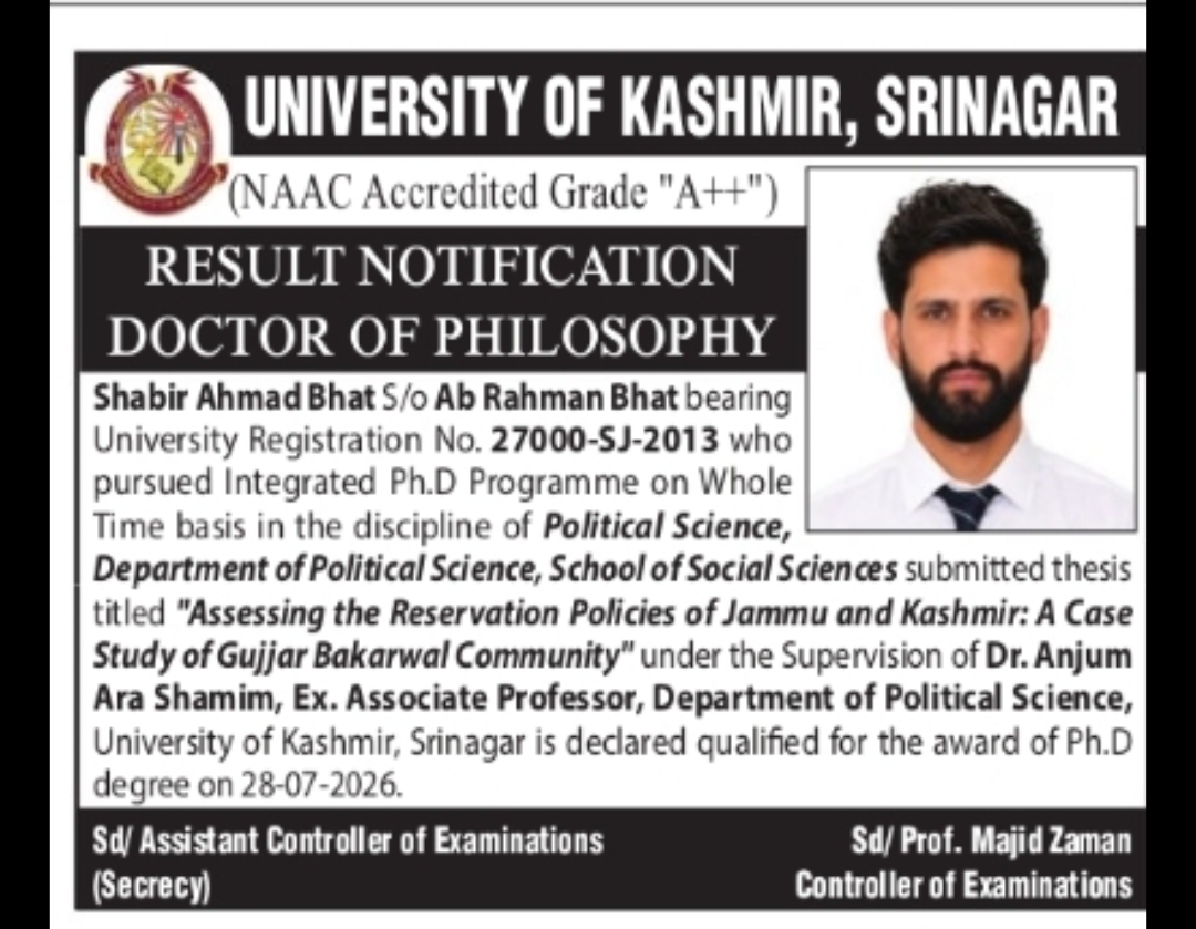 Ph.D. Result Notification – Shabir Ahmad Bhat