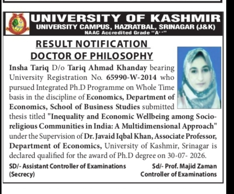 Ph.D. Result Notification – University of Kashmir