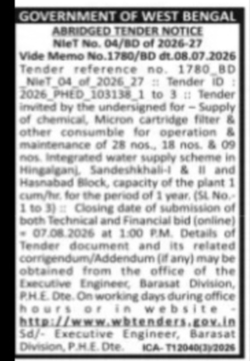 PHED Barasat Division Invites Tender for Water Supply Scheme Consumables