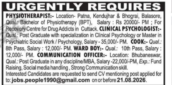 PHYSIOTHERAPIST, CLINICAL PSYCHOLOGIST & OTHER JOBS – ODISHA