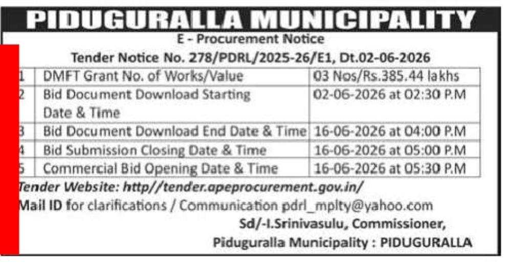 Piduguralla Municipality – E-Procurement Notice