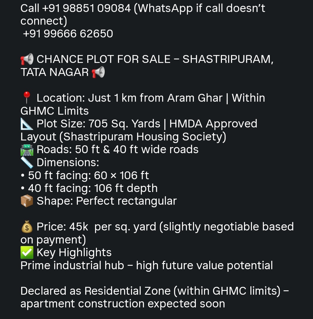 PLOT FOR SALE – SHASTRIPURAM, TATA NAGAR