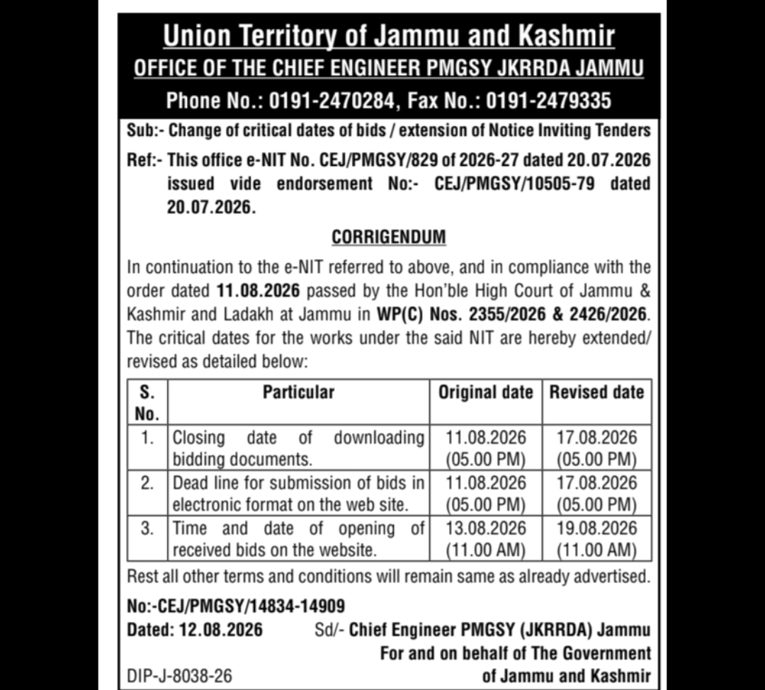PMGSY Jammu & Kashmir Tender – Extension of Critical Dates