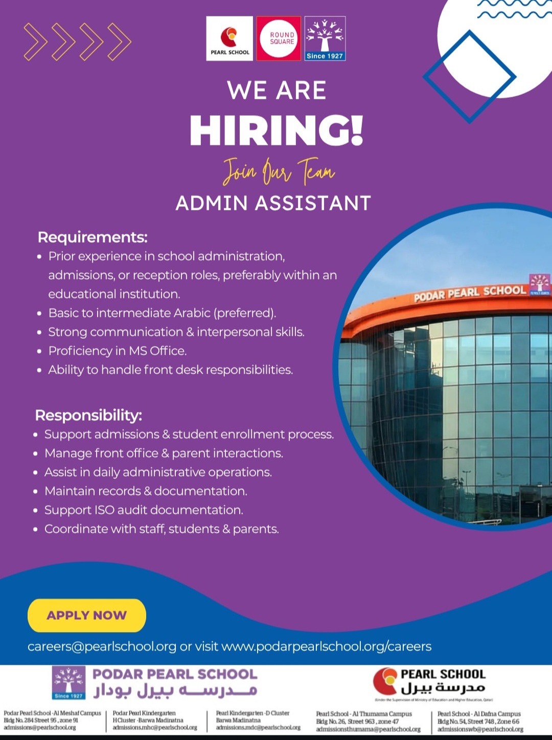 Podar Pearl School is hiring an Admin Assistant in Qatar.