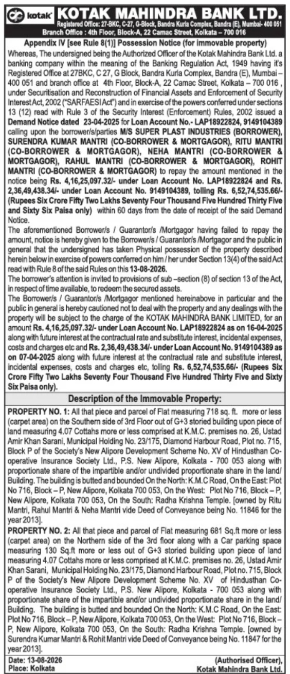 Possession Notice – Kotak Mahindra Bank Ltd