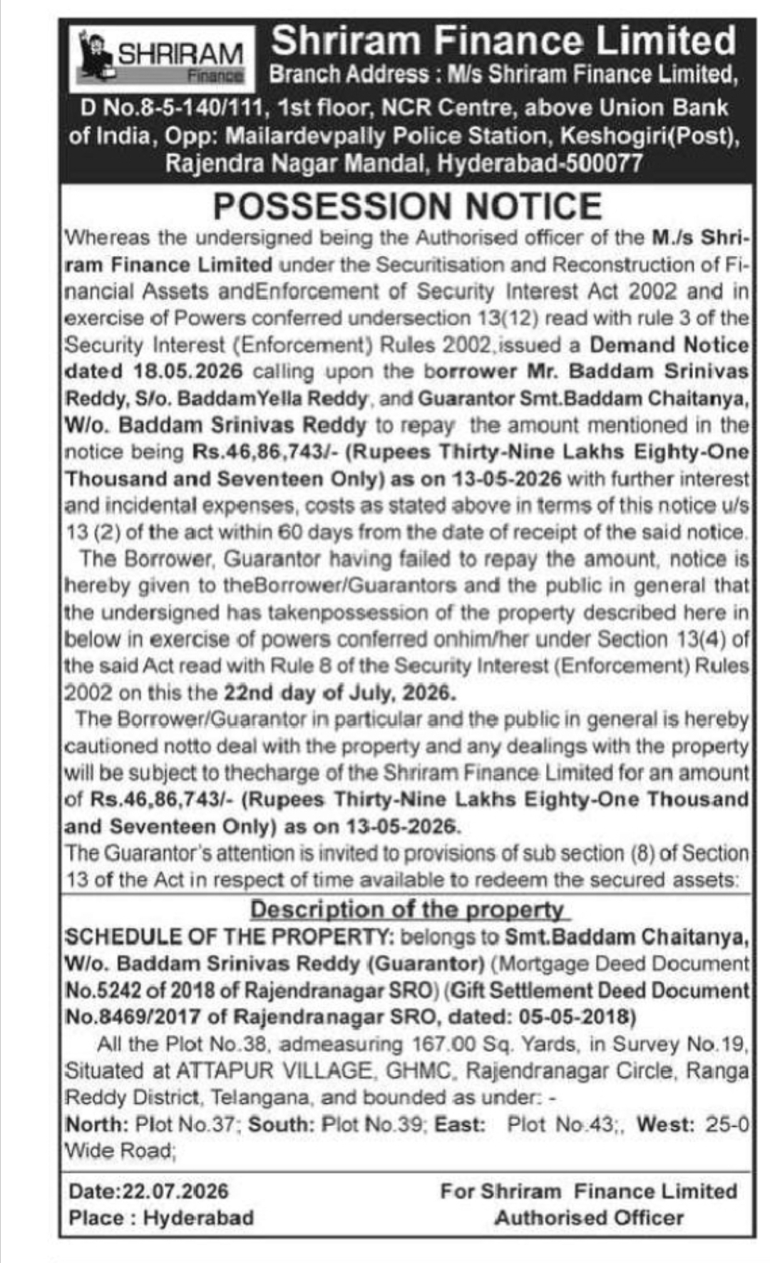 Possession Notice – Property at Attapur, Hyderabad