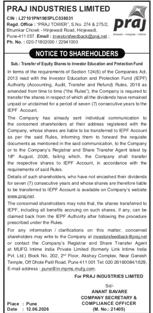 PRAJ INDUSTRIES LIMITED – Notice for Transfer of Equity Shares to IEPF Account (Unclaimed Dividend Cases)