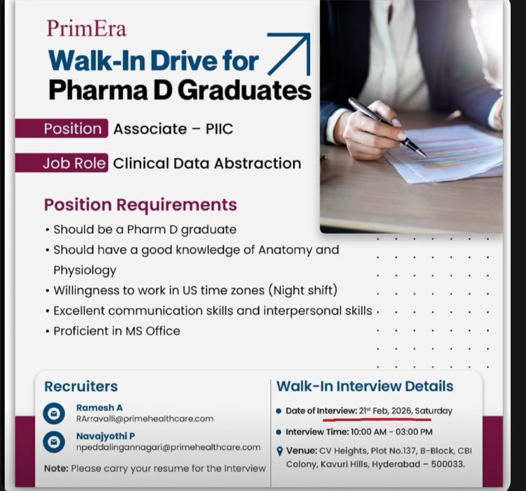 📌 PrimEra – Walk-In Drive for Pharma D Graduates