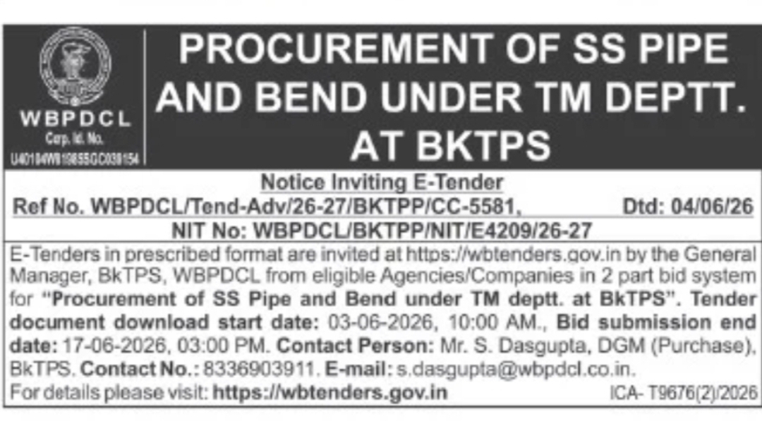 Procurement of SS Pipe and Bend under TM Department at BkTPS