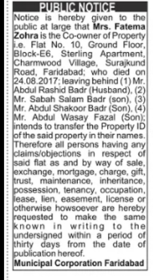 Property Transfer Public Notice – Fatema Zohra