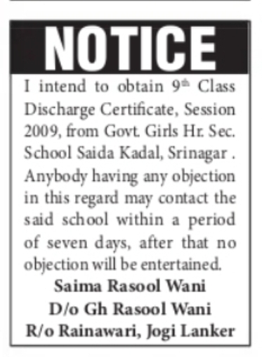 PUBLIC NOTICE – 9th CLASS DISCHARGE CERTIFICATE Saima Rasool Wani
