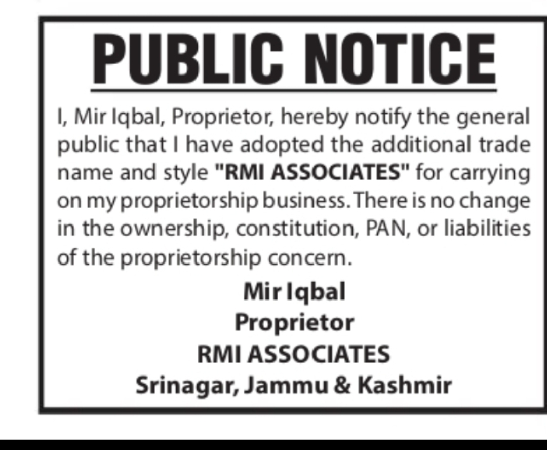 PUBLIC NOTICE – Adoption of Additional Trade Name "RMI ASSOCIATES"