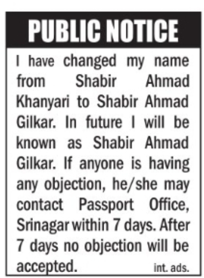 PUBLIC NOTICE – Change of Name Shabir Ahmad