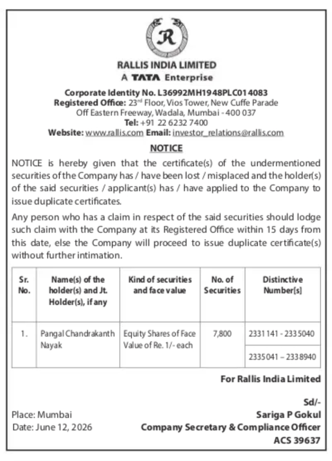 Public Notice for Loss of Equity Share Certificates – Intimation for Issue of Duplicate Shares