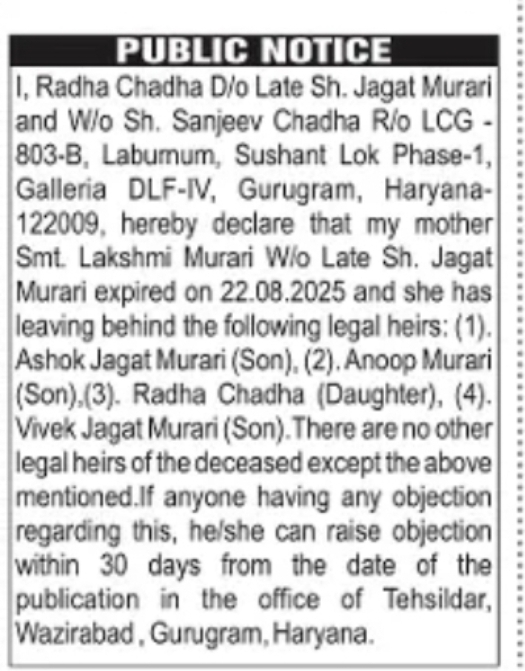 PUBLIC NOTICE – LEGAL HEIRS OF LATE SMT. LAKSHMI MURARI