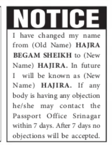 PUBLIC NOTICE – NAME CHANGE DECLARATION