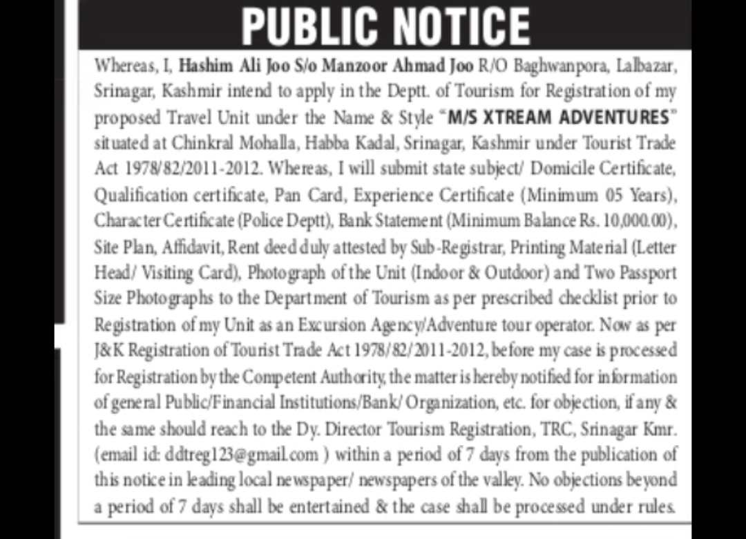 Public Notice – Objections Invited for Registration of Travel Unit "M/S XTREAM ADVENTURES" | Jammu & Kashmir