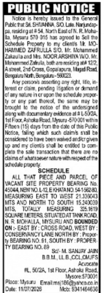 Public Notice – Property Transaction, Mysore