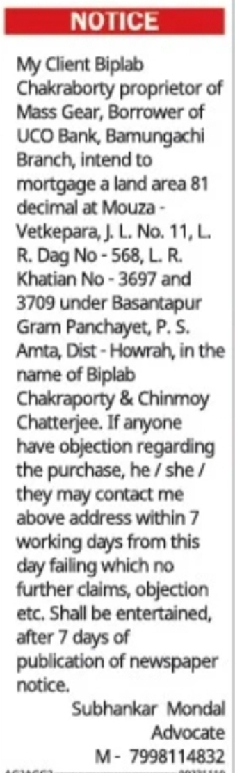 Public Notice – Proposed Mortgage of Land at Amta, Howrah