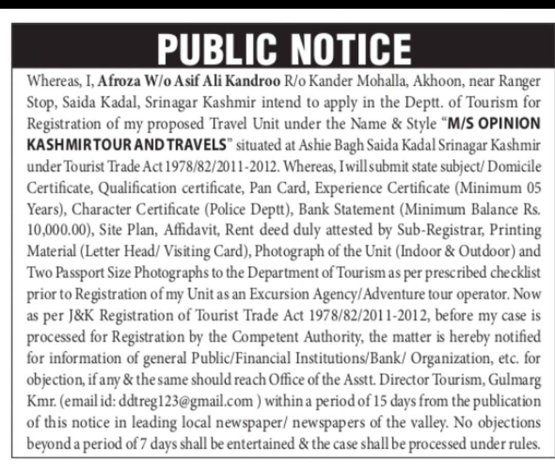 PUBLIC NOTICE – PROPOSED TRAVEL UNIT REGISTRATION