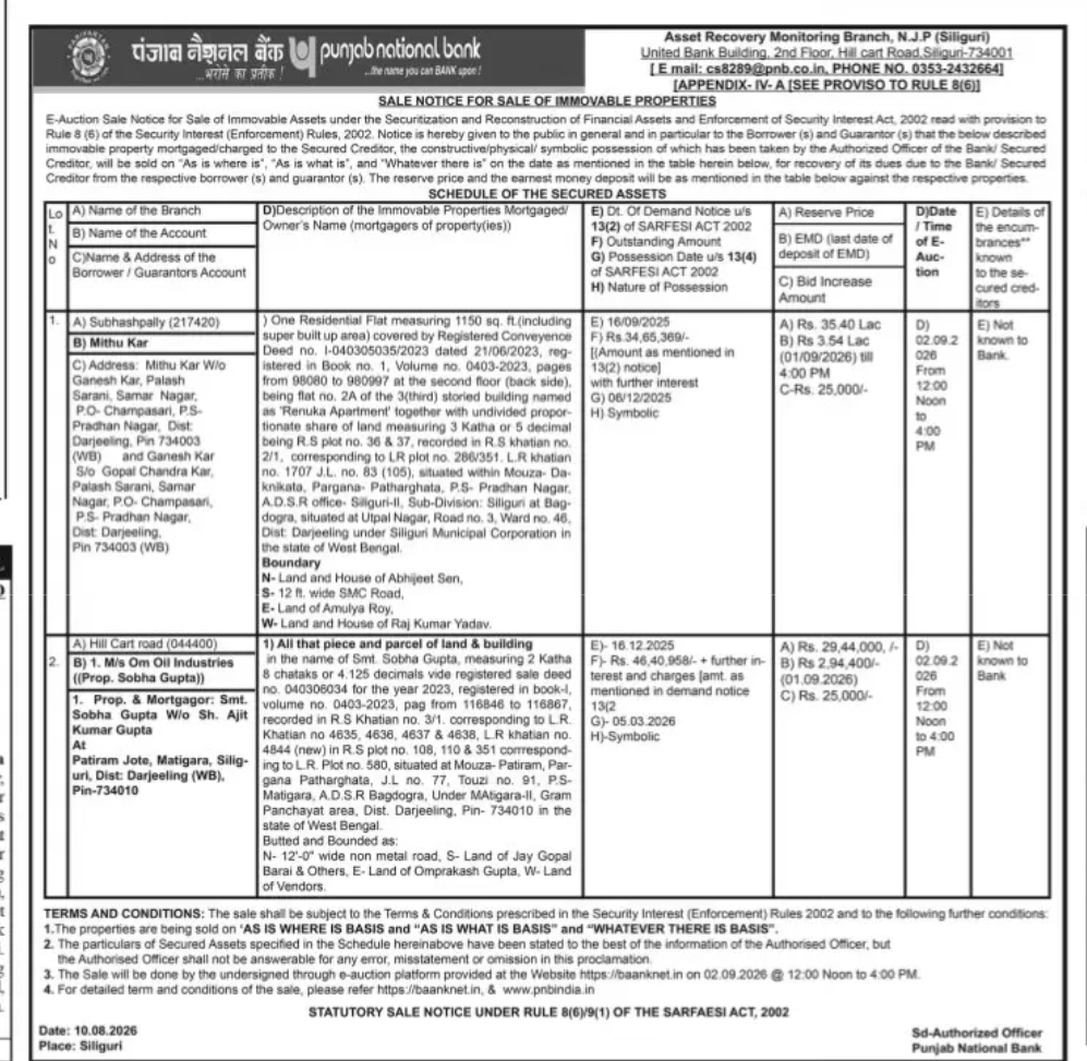 Punjab National Bank E-Auction – Residential Flat & Land/Building, Siliguri
