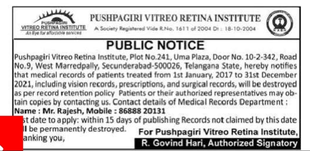 Pushpagiri Vitreo Retina Institute – Public Notice